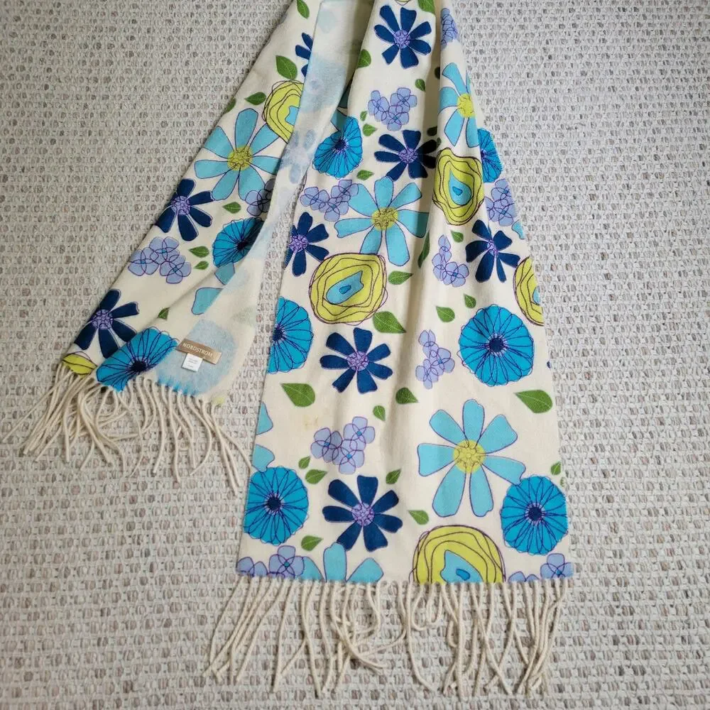 Nordstrom 100% Cashmere Wool Scarf Floral White and Blue Fringed Y2K
